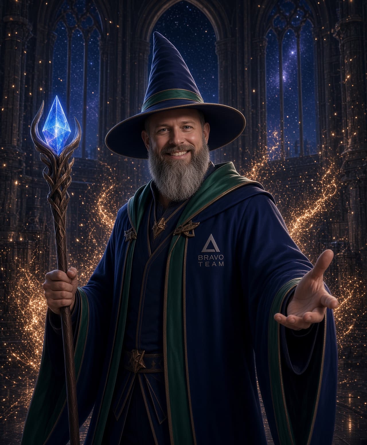 Joshua Tarbutton as a wizard in Bravo Team robes